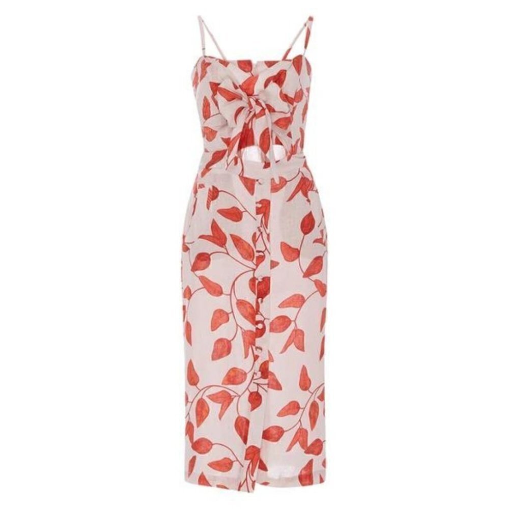 𝅺Johanna Ortiz Leaf Linen Tie Cami Dress, Red/White